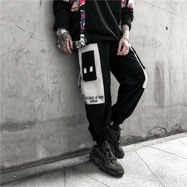 

color block cargo harem joggers track pants hip hop casual baggy sweatpants streetwear fashion hipster trousers men's, Black