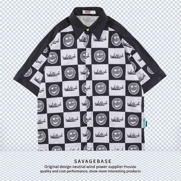 

fashion brand men's new hawaiian flower shirt color contrast graffiti smiley face printing high street hong kong style short sleeve shi, White;black