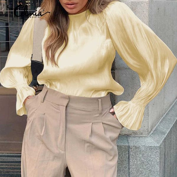 

women's blouses & shirts blouses celmia women fashion lace-up flare sleeve glossy streetwear casual round neck elegant pleated solid b, White