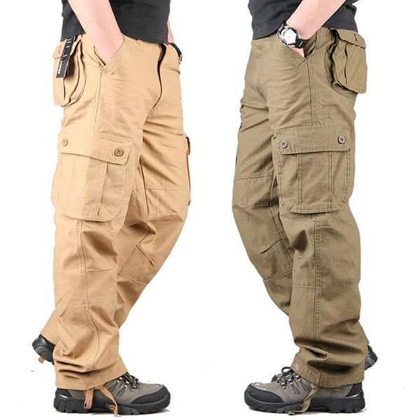 

men cargo pants multi pockets military tactical outwear streetwear army straight slacks casual long trousers 44 men's, Black