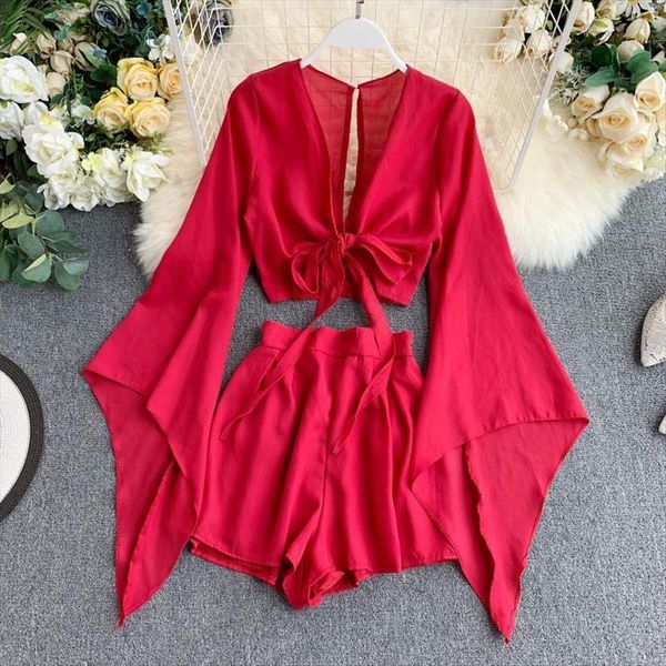 

two piece set women tracksuits v neck flared sleeve chiffon shirt high waist wide leg shorts 2 sets for outfits, Gray
