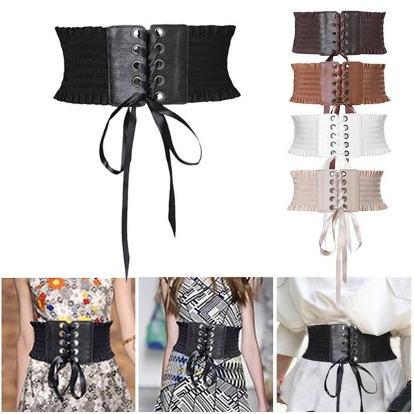

belts 5 color women soft pu leather wrap for ladies lace up eyelet around tie waistband cotton corset belt cinch waist wide dress, Black;brown