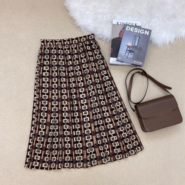 

skirts 2021 spring and autumn a-line pleated skirt chain print, Black