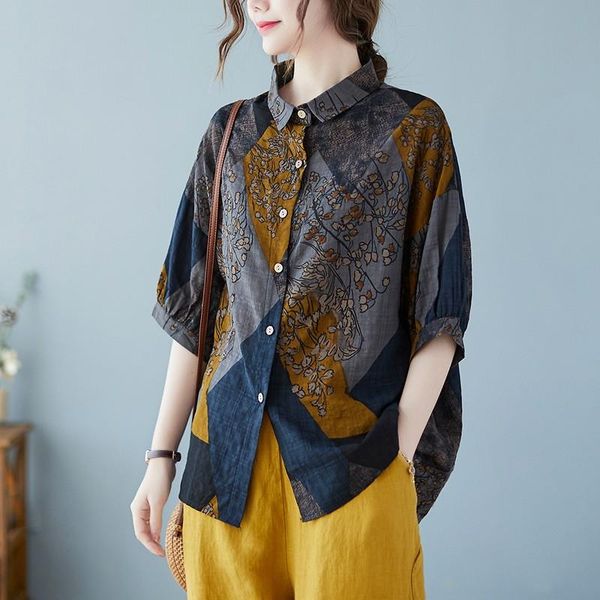 

women's blouses & shirts women cotton linen casual arrival 2021 summer arts style vintage floral print loose female half sleeve b352, White