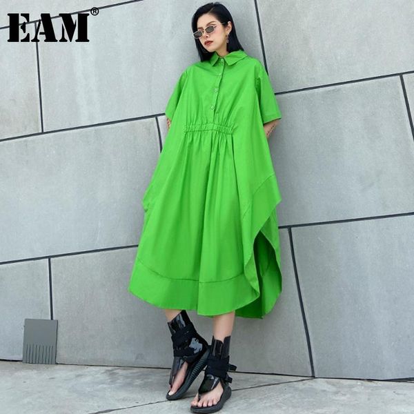 

party dresses [eam] women green big size ruffles pleated casual dress lapel short sleeve loose fit fashion tide spring summer 2021 1dd6748, White;black