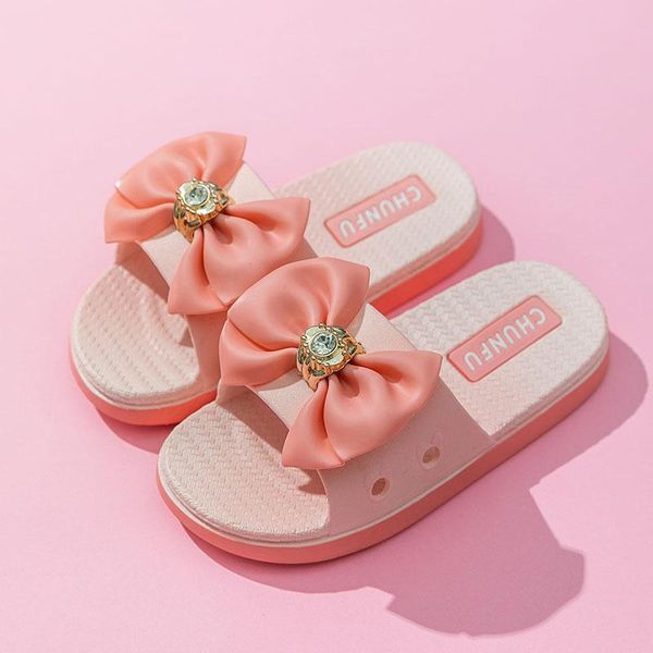

slipper inner 15.5-20cm summer girls slippers childrens beach sandalias bow pleated ruffles princess kids for bath swimming, Black;grey
