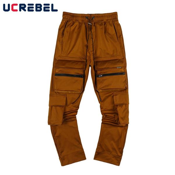 

men's pants multi-pocket cargo mens high street straight-leg streetwear elastic waist solid color casual trousers men, Black