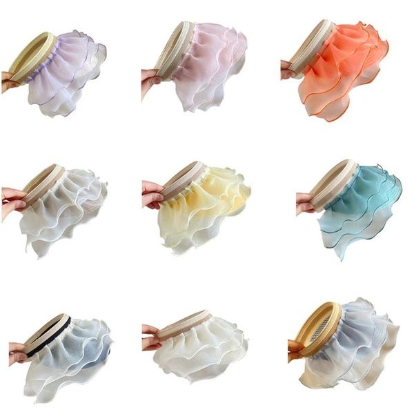 

wide brim hats toddler baby girls ess straw sun visor cap cute multiple color semi-closed elastic loop tulle decoration, Blue;gray