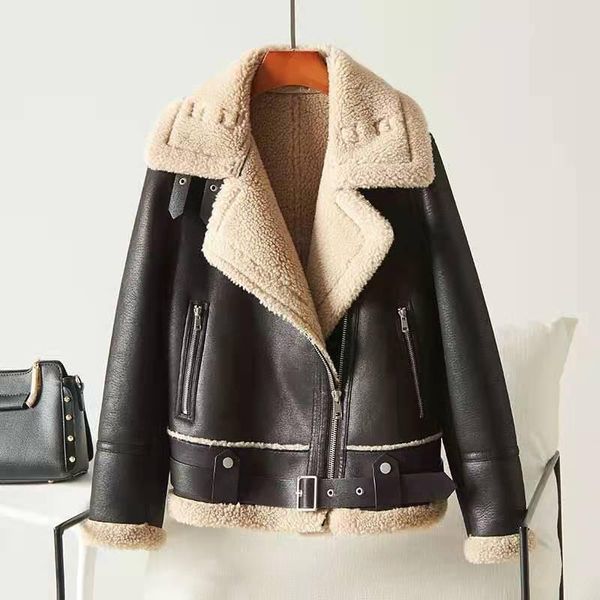 

women's fur & faux winter women coat luxury wool thick motorcycle jackets vintage coats outwear, Black