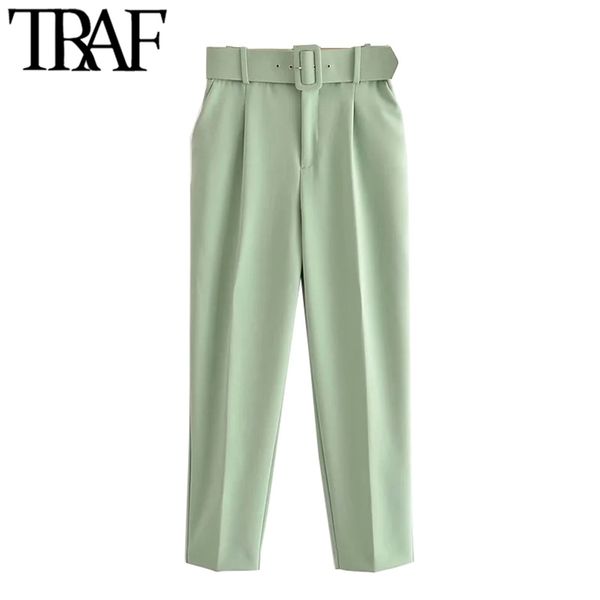 

traf women chic fashion high waist with belt pants vintage zipper fly pockets office wear female ankle trousers mujer 210721, Black;white