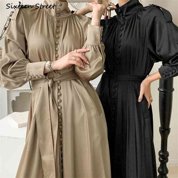 

chic vintage woman dress femme lace up single-breasted maxi vestidos spring long-sleeve elegant dresses for clothing korea 210603, Black;gray