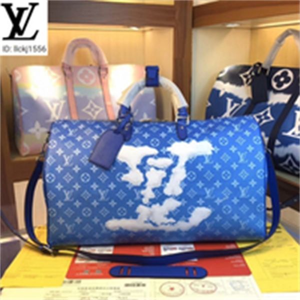 

bags brand designer luxury plq1 m56217 blue flower keepall bandoulire 50 travel bag women handbags iconic bags handles shoulder totes cr, Red;black