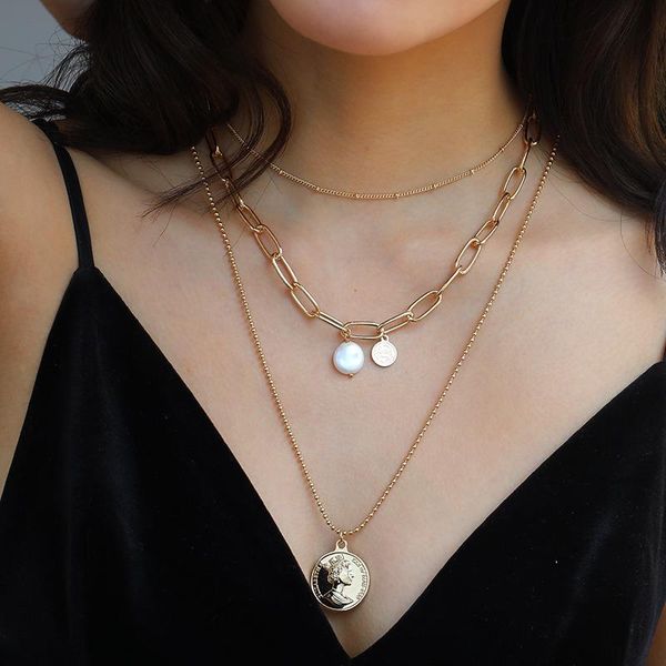 

chains necklace 2021 fashion multilayer golden chain woman jewelry decoration clavicle retro coin pendant pearl choker, Silver