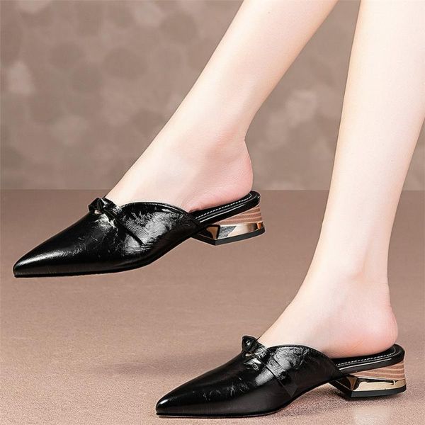 

slippers women genuine leather pointed toe female wedding party chunky low heels mules summer outdoor oxfords shoes casual, Black