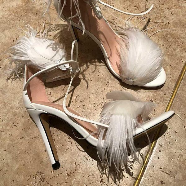 

sandals 2021 summer women white feather gladiator ankle strap bridal wedding shoes black thin high heels sandalias femmes1