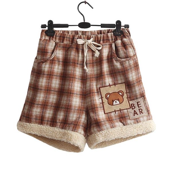 

women's shorts casual kawaii bear embroideried loose elastic waist women japanese fashion school cute plaid wide leg short for teen gir, White;black