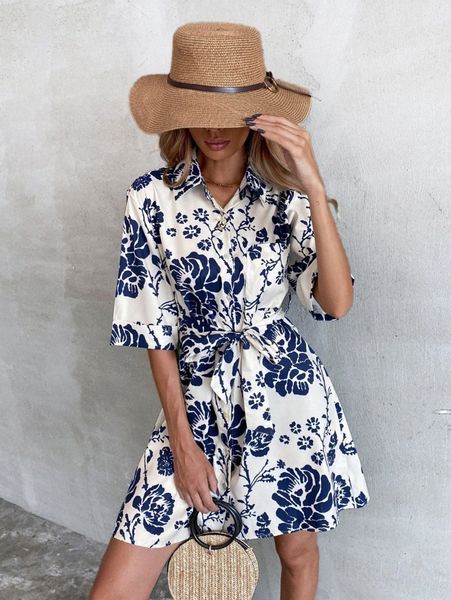 

floral print self tie shirt dress 41gx#, Black;gray