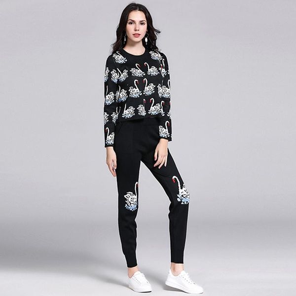 

two piece dress 2 set women pullover sweater pant sets 2021 autumn winter runway fashion tracksuit swan print knitted pants suits, White