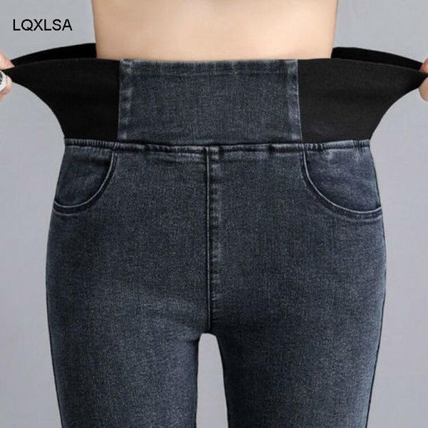 

high jeans women's 2021 spring and autumn increase size girls slim pants elastic waist black, Blue