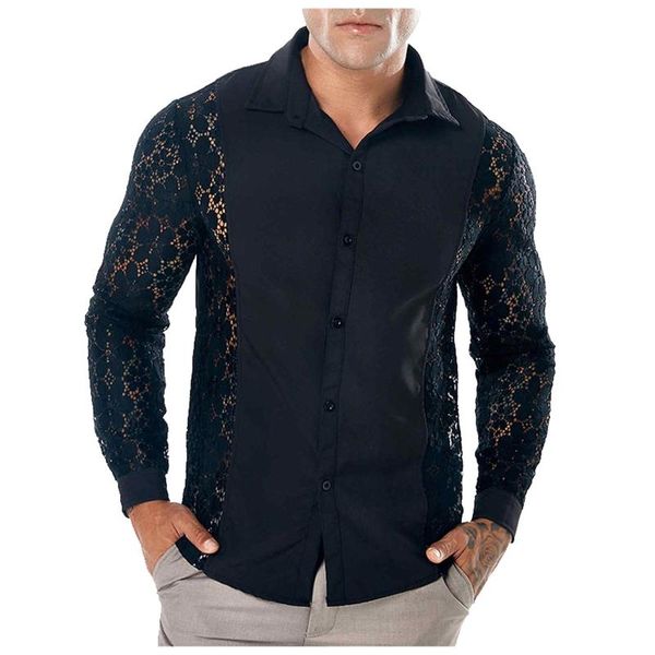 

men's lace stitching transparent shirts fashion v neck cardigan pure color full club hollow long sleeves lapel shirt casual, White;black