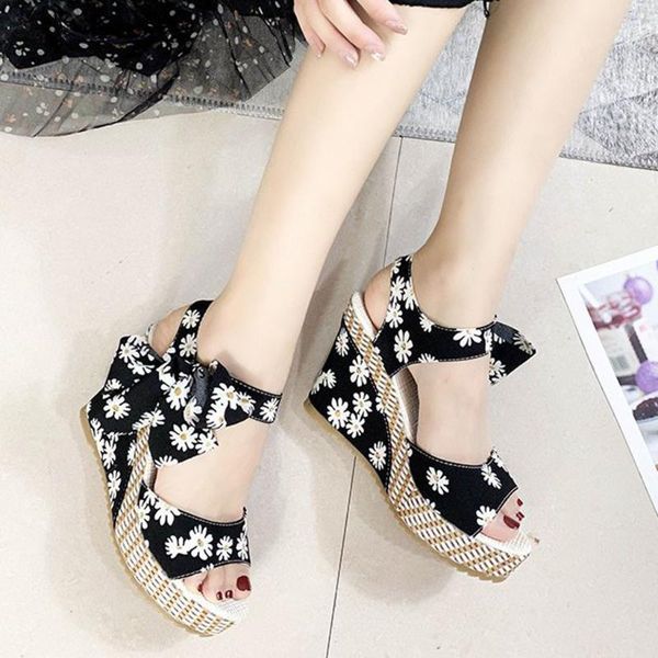 

sandals summer women's platform wedge heel bohemian women ankle strap flower lace shoes lady high heels sandalias mujer, Black