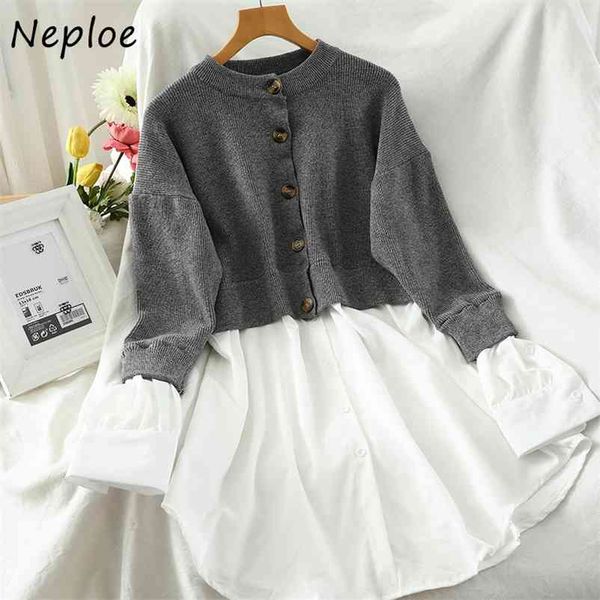 

o-neck fake two piece all-match femme dresses panelled patchwork knitted dress chic button a-line women vestidos 210422, Black;gray