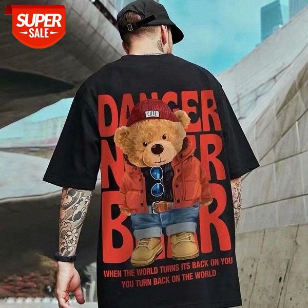 

national tide cute bear t-shirt fat male ins short-sleeved brand loose summer large size half sleeve #oi3a, White;black