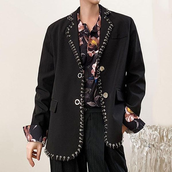 

men's suits & blazers iron ring edging design casual suit jacket male streetwear hip hop gothic punk vintage chic fashion coat men blaz, White;black