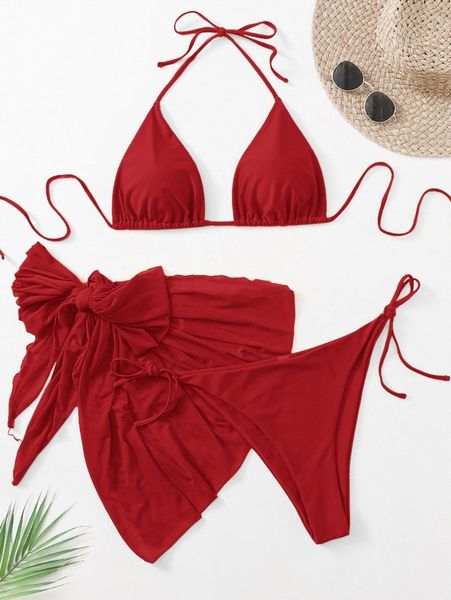 

3pack plus triangle bikini swimsuit & beach skirt 33ky#, Black