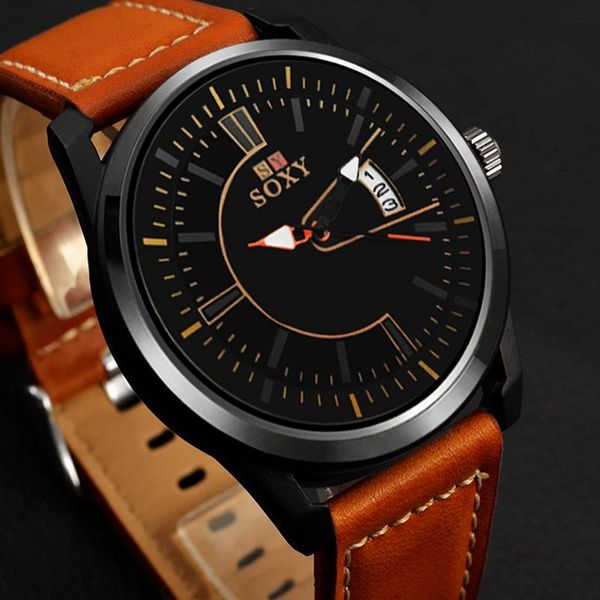 

wristwatches watches men fashion sport stainless steel case leather band large clock dial watch quartz business wristwatch reloj hombre, Slivery;brown
