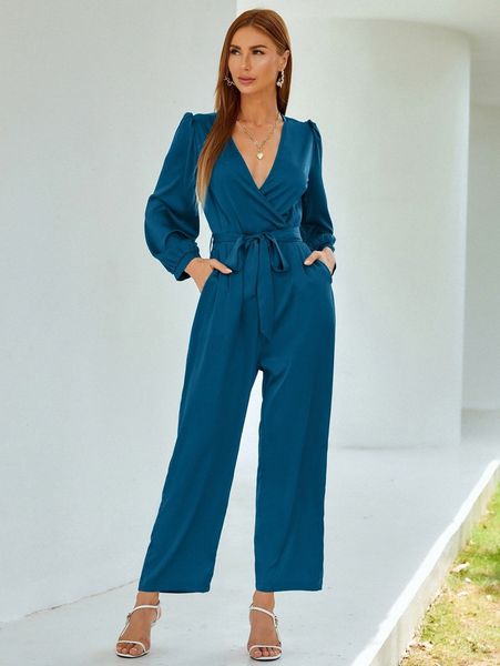 

solid wrap belted wide leg jumpsuit l4yp#, White