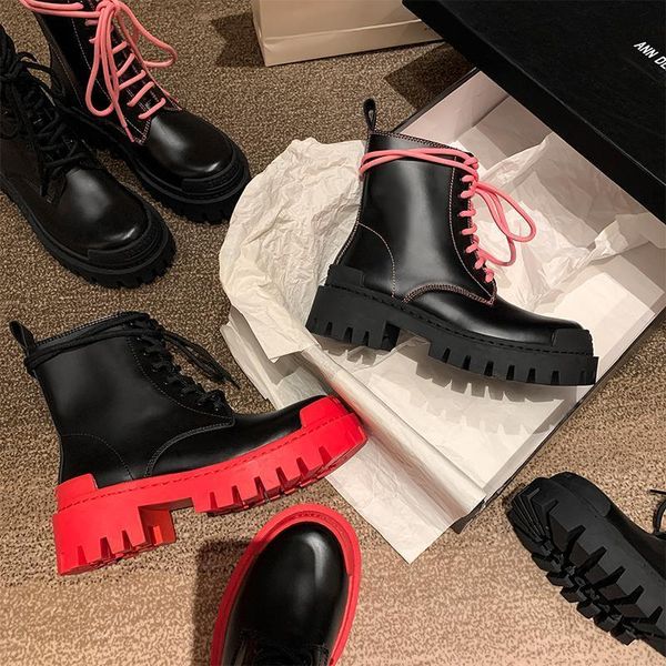 

boots 2021 pocket motorcycle women platform shoes lace up thick-soled black short woman ankle botas de mujer
