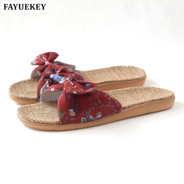 

slippers fayuekey fashion women summer home linen flax print bowknot floor beach breathable sandals slides flat shoes, Black