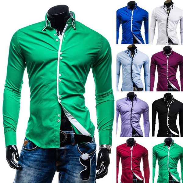 

men's casual shirts explosive style double collar square button personality solid color long-sleeved shirt 6 colors, White;black
