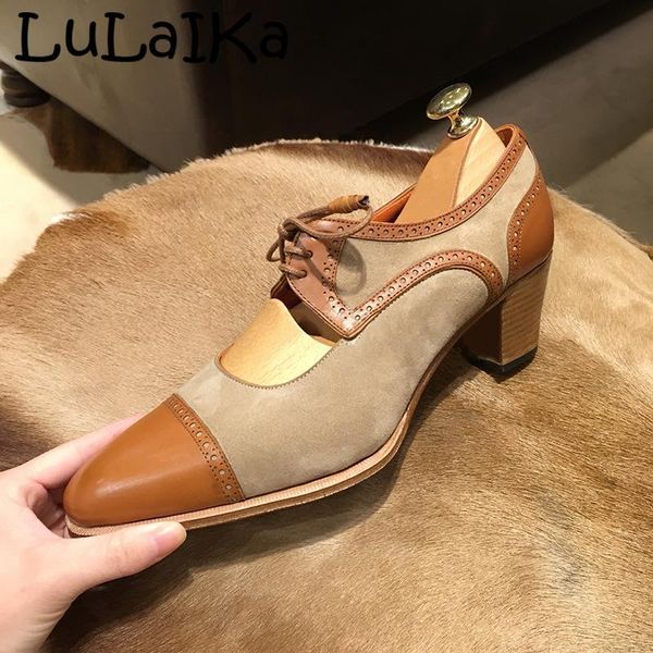 

dress shoes 2021 spring autumn women retro carved suede stitching bandage leather round toe shallow mouth thick high heeled, Black