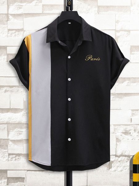 

men letter graphic contrast panel high low hem shirt x6x5#, White;black