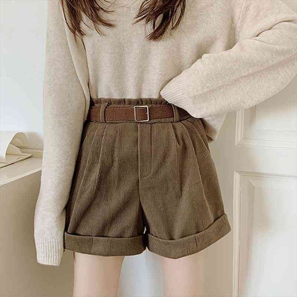 

vintage corduroy shorts women winter spring high waist wide leg shorts with belt plus size ladies femme, White;black