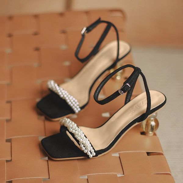 

sandals black shoes for women summer heels med buckle strap beige girls low clear pearl 2021 fashion medium stiletto co