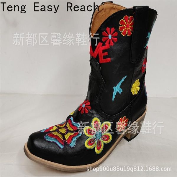

boots women ankle 2021 autumn and winter embroidery ethnic style mid-heel thick-heeled short square toe women's, Black