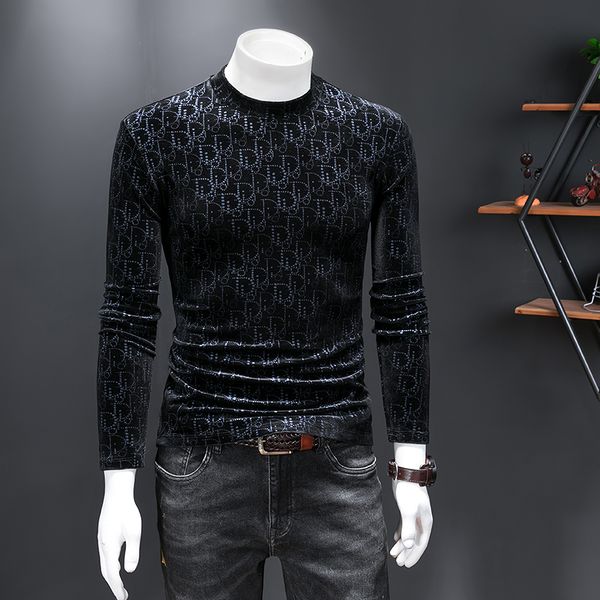 

high-end fashion men's long-sleeved t-shirts autumn 2022 gold velvet ins embroidery printing youth handsome bottoming shirts, White;black