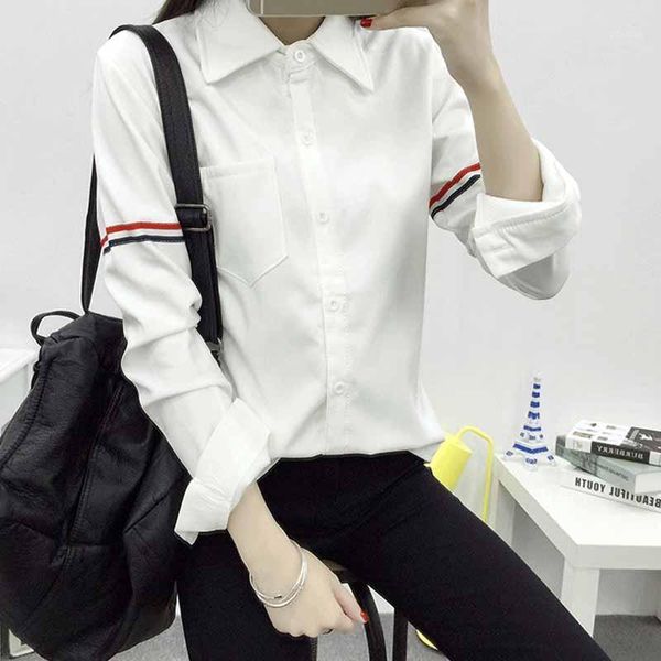 

fashion white shirt women blouse office lady lapel collar stripe patchwork long sleeve botton blusas female women's blouses & shirts