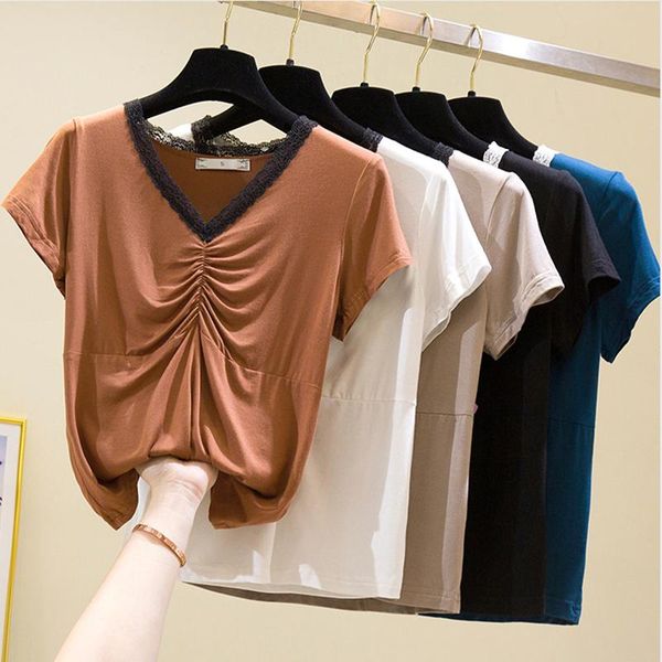 

women's t-shirt short sleeve cotton t shirts women clothes 2021 summer vogue crop lace patchwork slim v neck tee shirt femme, White