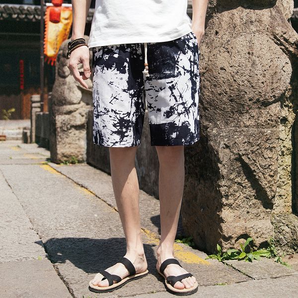 

a 955 beach pants flax male national wind restoring ancient ways popular logo summer flower shorts male loose big yards fatty 5, Blue