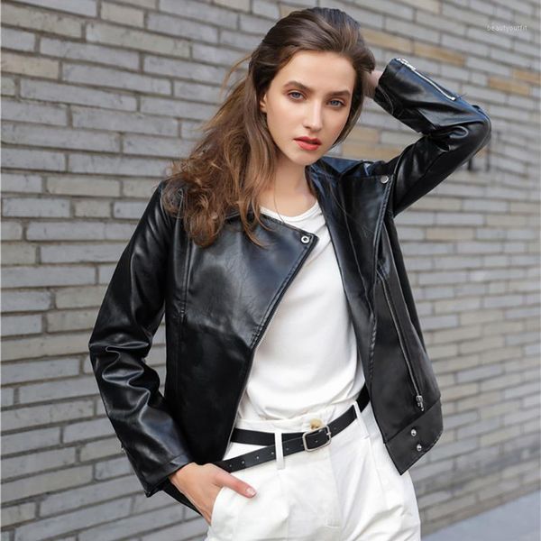 

loose pu leather jacket autumn winter soft faux street casual outwear ladies biker women's &, Black