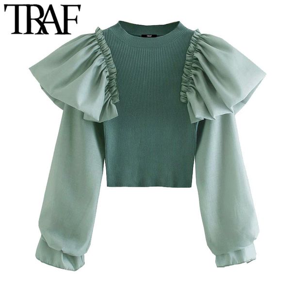 

traf women fashion ruffle patchwork cropped knitted sweater vintage long sleeve stretch slim female pullovers chic 210415, White;black
