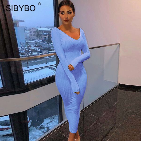 

2021sibybo winter ribbed knitted cotton dress women off shoulder long sleeve bodycon dresses elastic slim party vestidos 2021, Black;gray