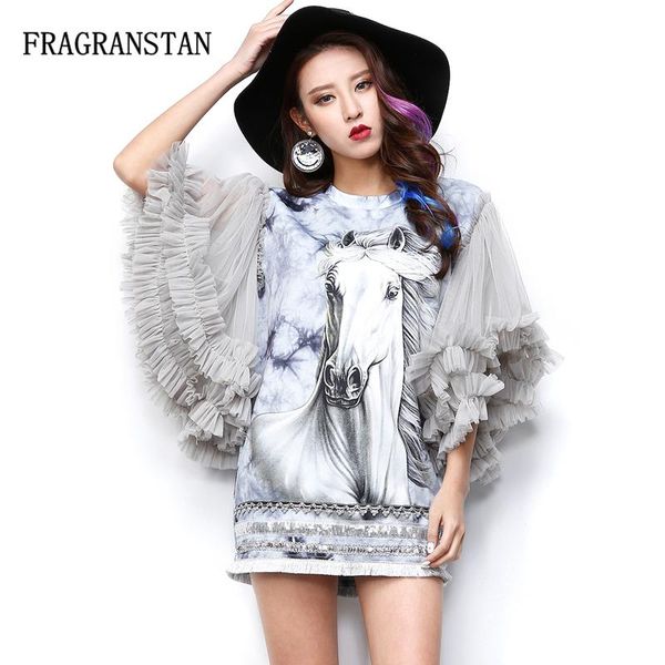 

casual dresses female fashion spring summer cotton mesh patchwork dress butterfly sleeve pattern printed sequins tassel jq156, Black;gray