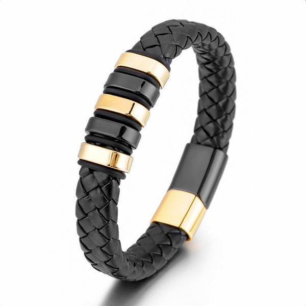 

charm bracelets stainless steel magnetic clasp bracelet fashion cowhide braided leather bangles wrist cuffs for men black gold color, Golden;silver
