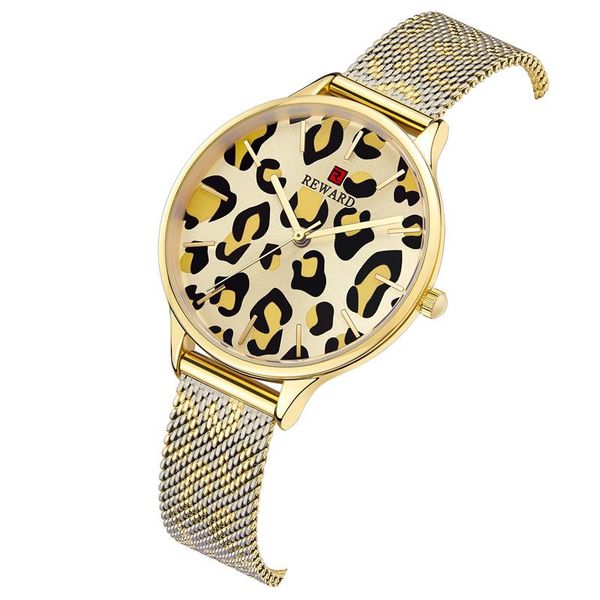 

leopard pattern golden women watches quartz japan movement waterproof ladies stainless steel mesh belt girls clock rd22002l wristwatche, Slivery;brown