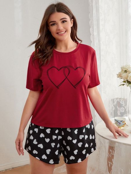 

plus heart print tee & shorts pj set a9oy#, Black;white